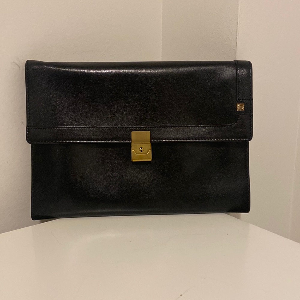 Black Leather Men's Document Clutch with Gold Hardware
